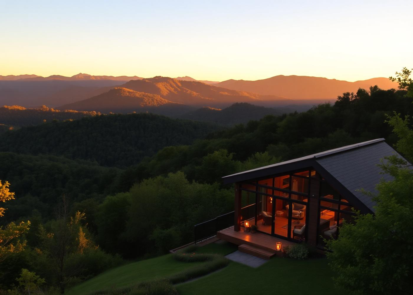 A modern wellness retreat cabin overlooking the Asheville Blue Ridge Mountains at sunset
