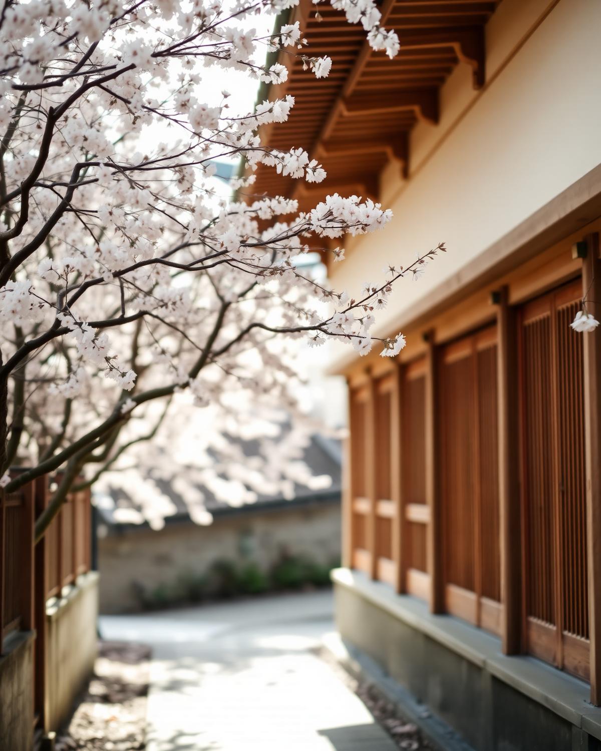 Temple gate and cherry blossoms in Japan