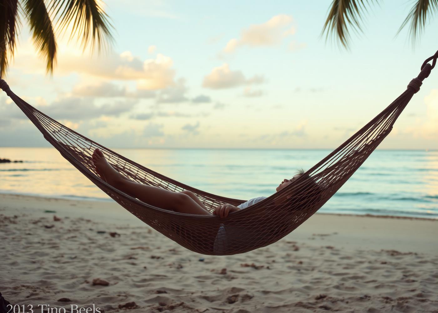 Person resting in a hammock by a tropical beach at golden hour